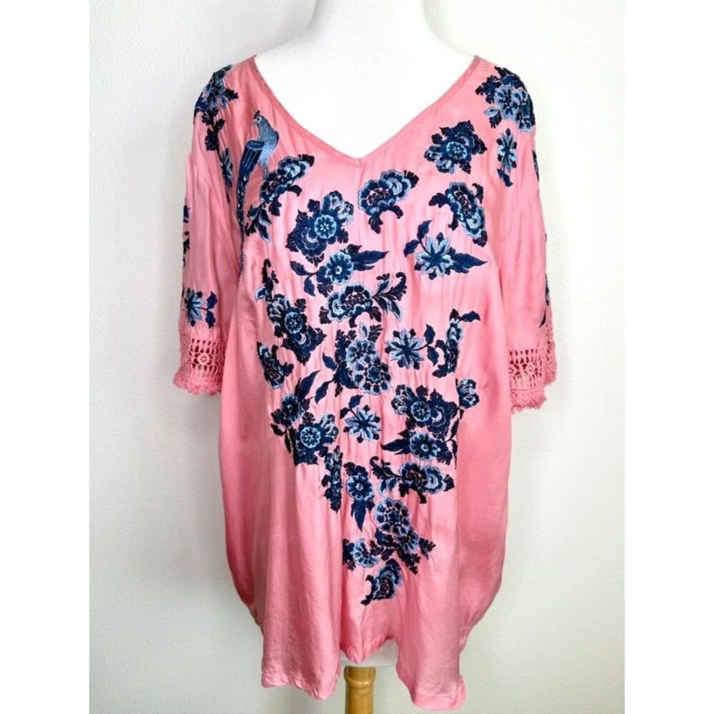 Sundance Blouse Pink Cupro Blue Bird Floral Embroidered tassel fringe trim